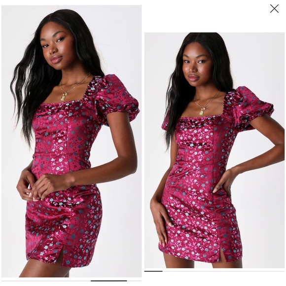NWT Lulu’s Always Decadent Magenta Ditsy Floral Brocade Puff Sleeve Dress Small - Picture 3 of 16